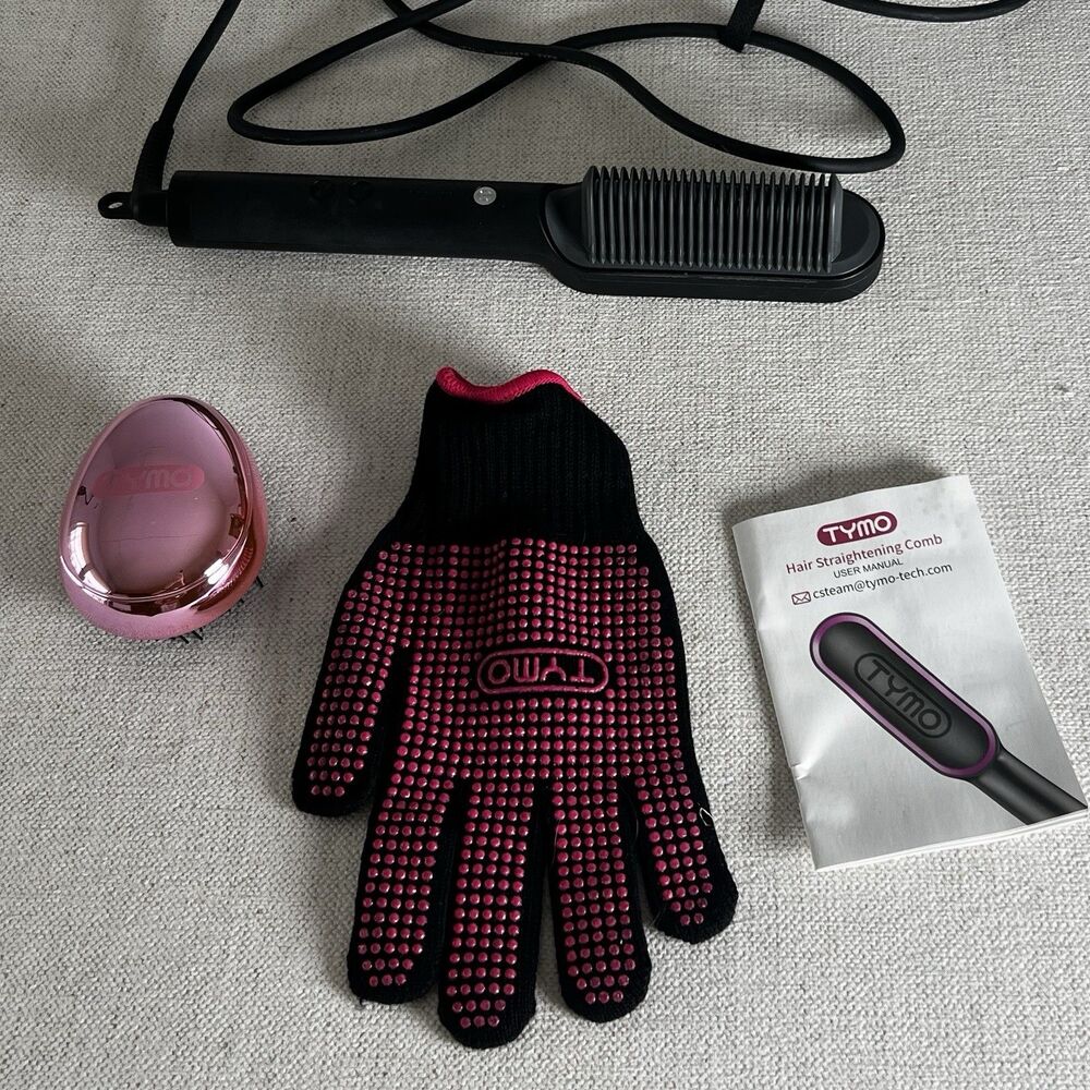 TYMO Hair Straightening Comb Brush w/ Heat Glove & Manual Black Ionic Flat Iron